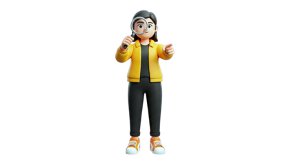 3D Cartoon Woman with Magnifying Glass and Pointing Finger