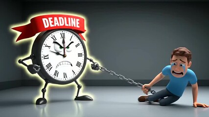 Cartoon Man Crying, Chained to an Angry Deadline Clock, Symbolizing Extreme Stress, Urgency, and Mental Health Awareness