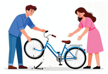 Man and woman fixing blue bicycle, tools on the ground