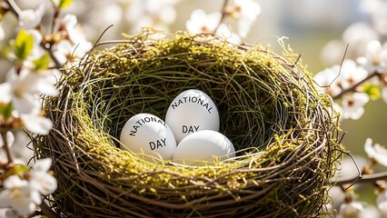 Three white eggs marked with the words national day rest securely inside a beautifully woven bird's nest filled with moss and twigs surrounded by soft focus springtime blossoms on a bright sunny day