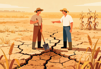 Two farmers in a parched field, one with a shovel, survey the cracked earth