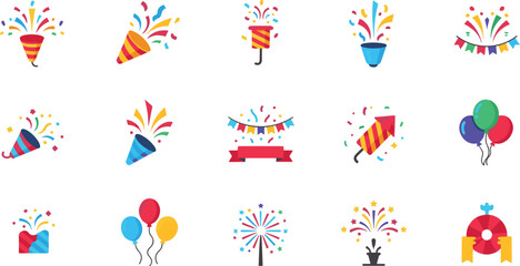 Fototapeta premium Party Celebration and Birthday Event Icon Set - Colorful Flat Vector Illustration