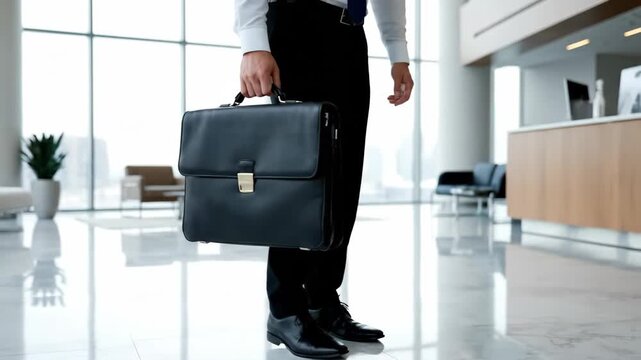 Businessman in modern office holding black leather briefcase