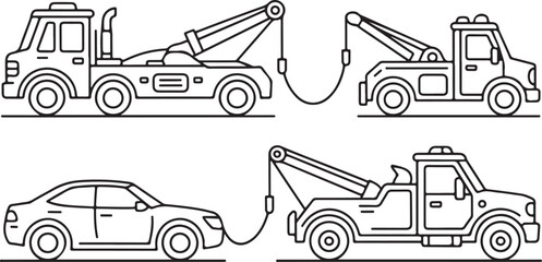 A set of four black and white outline graphics featuring different styles of wreckers and towing scenarios. © Sabit