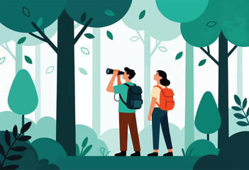 Two people with backpacks explore a vibrant forest, one using binoculars