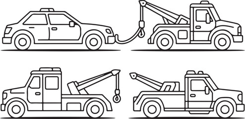 Line art illustrations of various tow trucks and a car being towed © Sabit