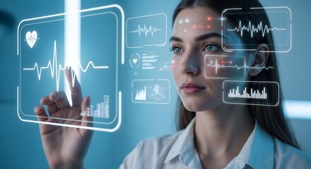scientist touching holographic screen futuristic health monitor