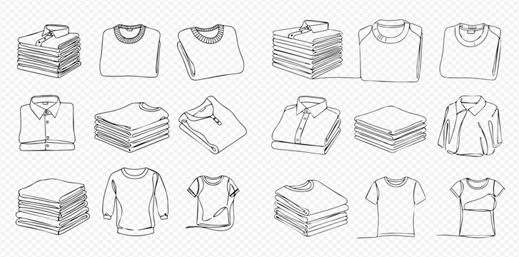 Set of hand-drawn sketches of various folded and unfolded clothing items including shirts and sweaters.
