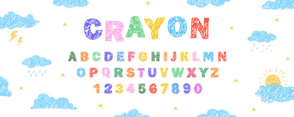 English alphabet crayon. Fun and creative typescript font. Chalk or wax texture. Vector illustration.