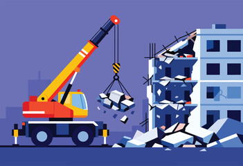 Colorful crane dismantles a damaged building, lifting debris