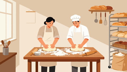 Two bakers knead dough on a table, with racks of bread nearby