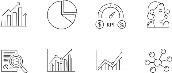 Hand drawn vector illustration set featuring a microphone and abstract background design with business icons and data chart symbols for web and finance