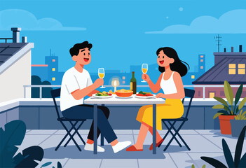 Couple enjoying dinner and drinks on a rooftop balcony with a city skyline at dusk