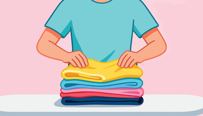 Person folding a stack of colorful clothes on a surface