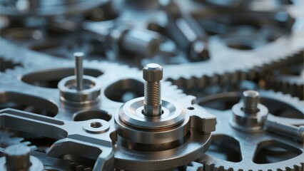 Close-up view of interlocking metal gears and mechanical components in a precision machinery assembly