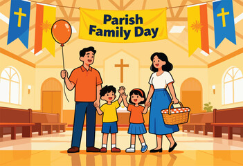 Joyful family celebrates Parish Family Day with balloons and picnic basket inside