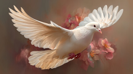 A white dove flies gracefully in front of pink flowers with its wings spread wide.