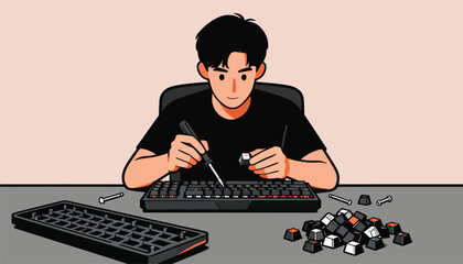 Person customizing mechanical keyboard with a screwdriver