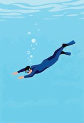 Person in wetsuit and goggles swims underwater with fins, bubbles rise