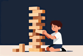 Boy carefully removing a wooden block from a tall tower