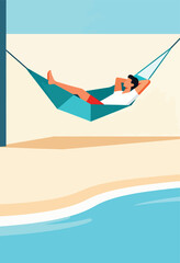 Relaxed person lounges in hammock on a tranquil beach with calm ocean waves