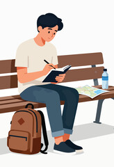 Young person sitting on bench, planning trip with map & notebook