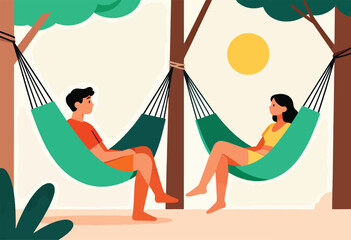 Two people relaxing in hammocks suspended between trees under a bright sun