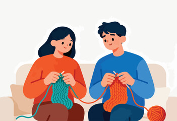 Couple knitting together on a couch, enjoying a shared hobby