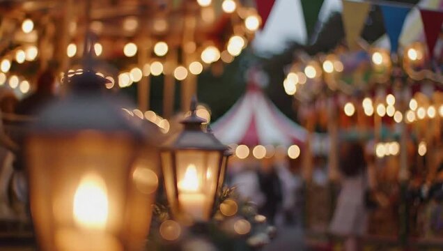 Warm glow of lanterns and string lights at a festive outdoor event.