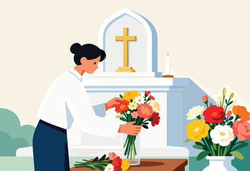 Person arranging flowers before an altar with a golden cross and lit candle