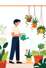 Person waters a variety of potted plants in an indoor garden space
