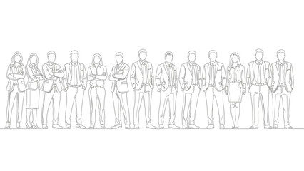 A detailed line drawing of a diverse group of business professionals standing in a line, showcasing a variety of attire and poses.