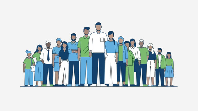 A diverse group of people of various ages and genders stand together in a line, depicted in a flat, illustrative style with blue and green clothing.