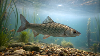 A tropical fish is swimming underwater in a nature river