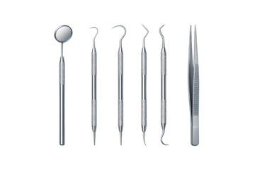 Set of surgical and dental instruments including metal scissors, tweezers, and medical tools isolated on a white background for healthcare and hygiene