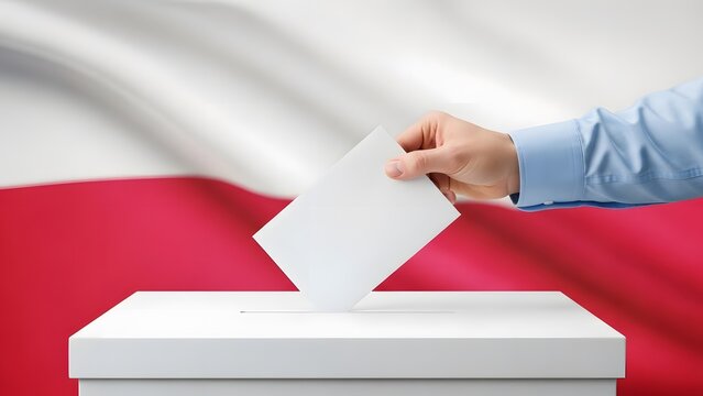 A hand casting a vote into a ballot box with the Polish flag in the background, symbolizing elections and democracy.