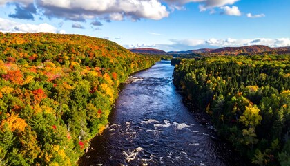 Aerial view of a wide river flowing through a lush forest ablaze with autumn colors under a partly cloudy sky