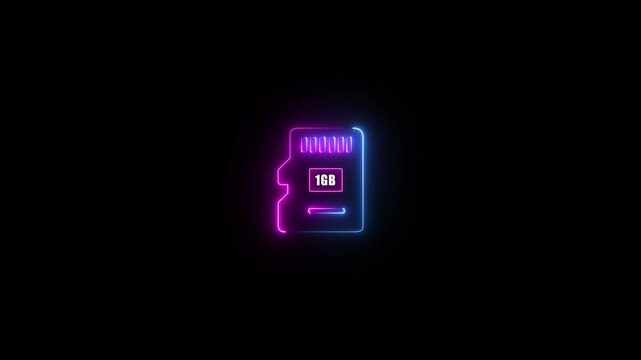 Blue and purple neon micro S D card 1 GB icon glowing on black background digital storage technology concept data saving memory card symbol abstract futuristic technology..