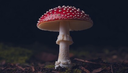Vibrant red and white fly agaric mushroom standing alone in dark forest undergrowth with dew-covered leaves