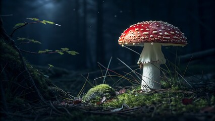 Vibrant red and white fly agaric mushroom glowing in a mystical dark forest with dew-covered moss and foliage