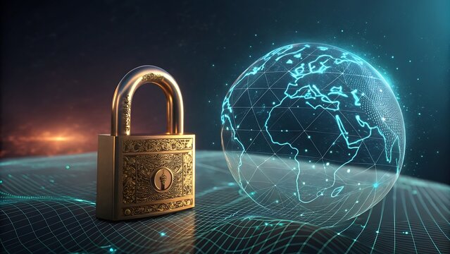 Golden padlock securing digital global network with futuristic cybersecurity and data protection concepts - Powered by Adobe