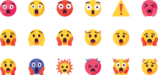Collection of shocked and surprised face emoji vector icons.