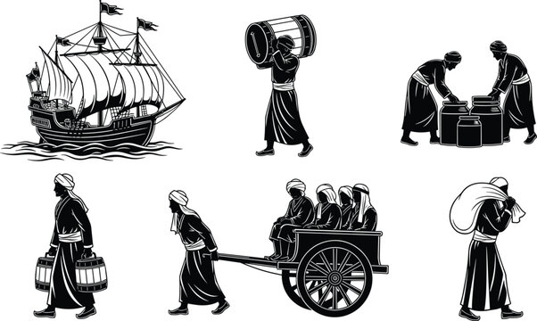 Ancient merchant trade silhouette set, historical maritime sailing ship, merchants carrying cargo barrels, traditional spice trade caravan, medieval market transport vector illustration collection,