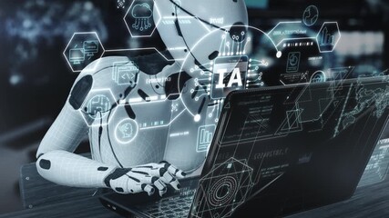 Robot working on laptop displaying artificial intelligence data - Powered by Adobe