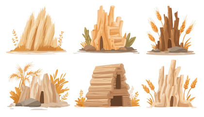 Zestaw sześciu ilustracji przedstawiających prymitywne schronienia i budowle z drewna i kamienia, z elementami roślinnymi.