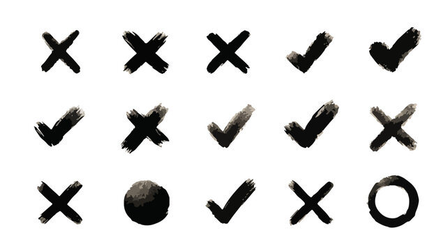 Zestaw ręcznie rysowanych symboli "tak" i "nie" z pociągnięciami pędzla, na białym tle.