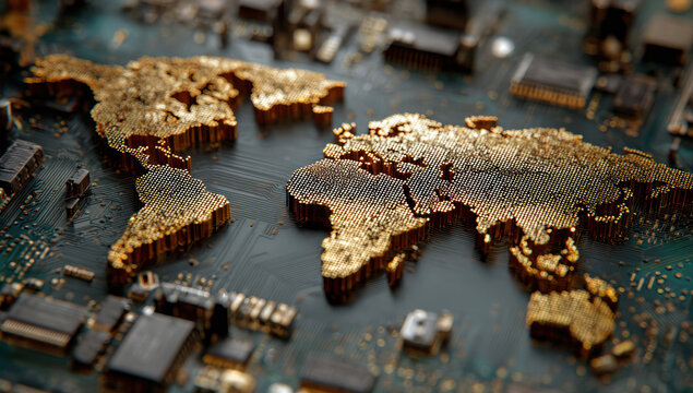 A gold world map on a circuit board, symbolizing global technology and innovation.