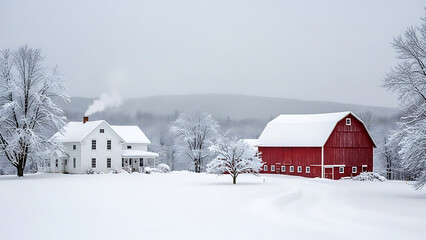 snowy farmhouse and red barn in winter landscape transparent background