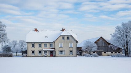 snowy house and barn in rural landscape with trees transparent background