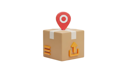 3D Icon of a Package with Location Pin and Upload Arrow